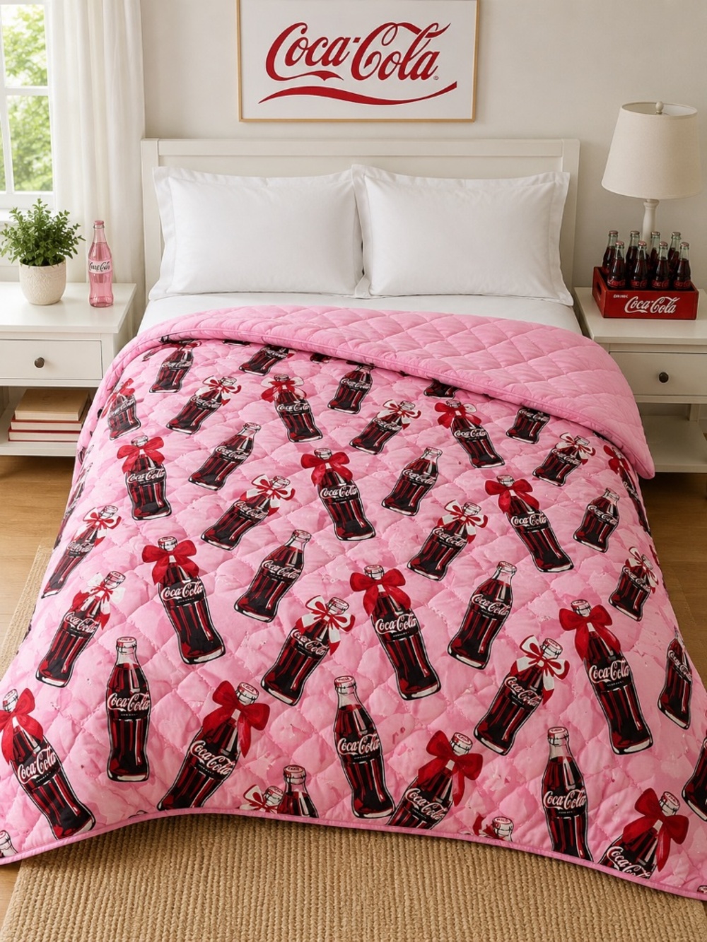 NWT Coca-Cola Pink Reversible Twin Quilt Coke Bottle Bow Bedding 66x86 Retro